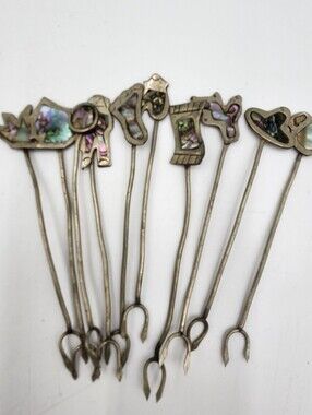 Vintage ALPACA Silver Abalone Inlaid Appetizers Cocktail Picks. Forks 5"